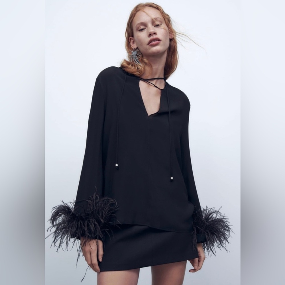 Mob Wife Zara Luxe Black Long Sleeve Chiffon Blouse with Feather Cuffs  Luxury